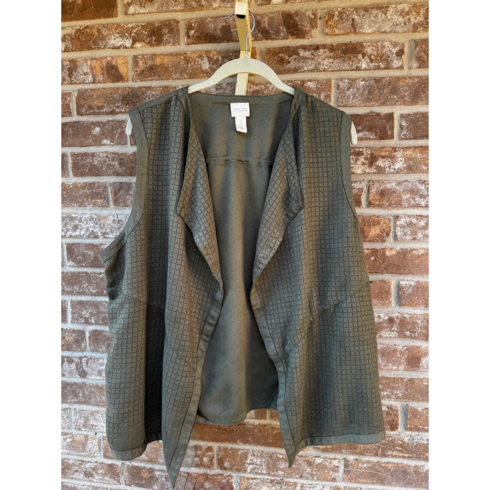 Chico’s Olive Green Faux Suede Microsuede Open Front Vest, Size 3/XL/16